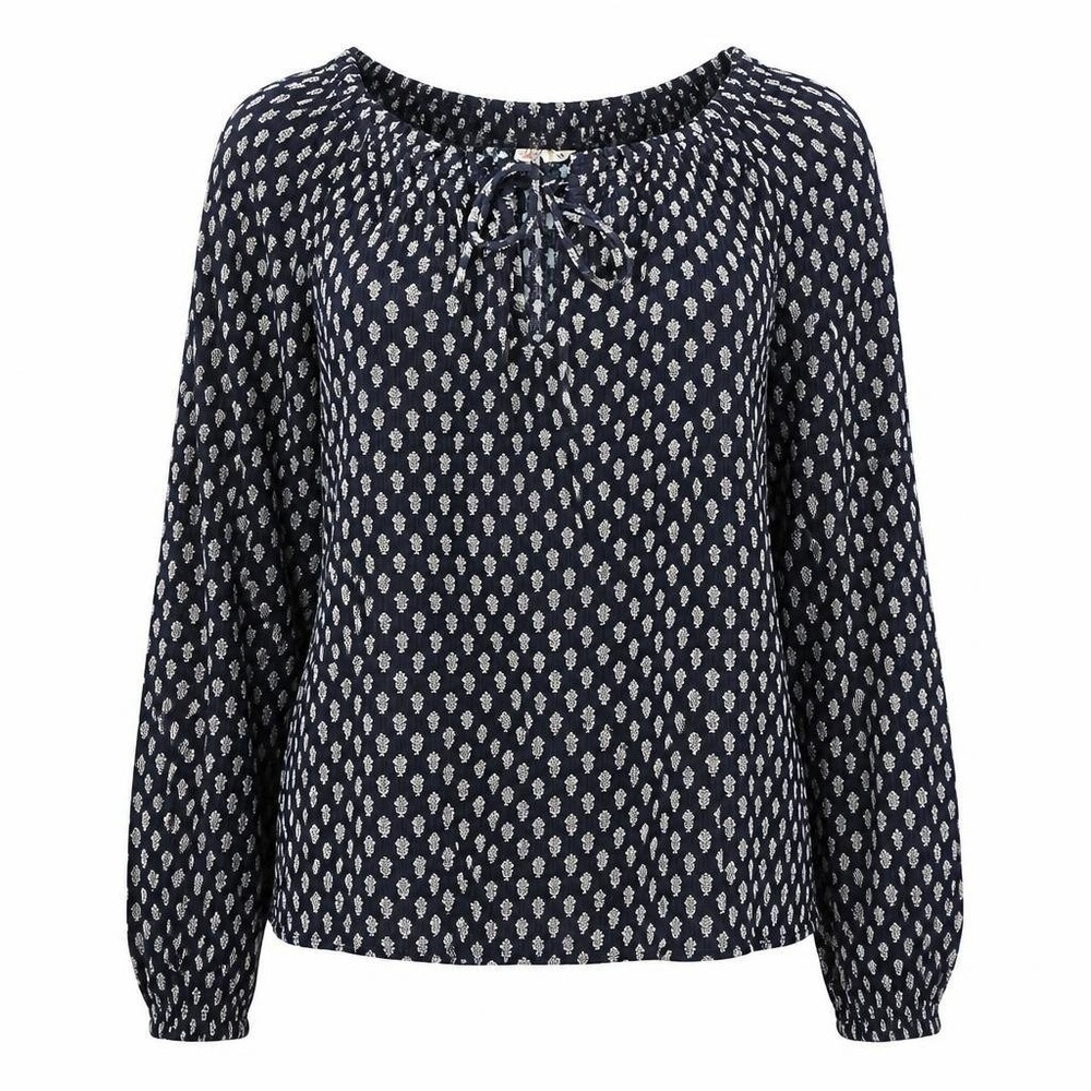 Faherty Blouse Womens M Navy Floral Tie Neck Emery Lotus Flower LS Boho Festival
